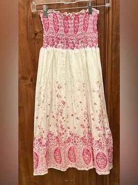 Smocked White Maxi Skirt with Pink Floral Border